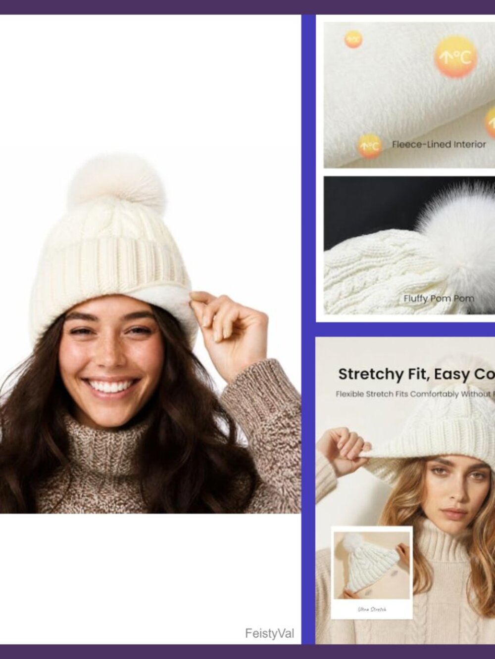 Cable Knit Beanie with Faux Fur Pom Fleece Lined Winter Hat